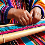 **

Andean woman weaving on a backstrap loom in a vibrant, colorful textile. Close-up on her hands and the intricate patterns. Background of the Andes Mountains. Natural light, detailed texture. Emphasis on the ancestral techniques and connection to the earth.

**