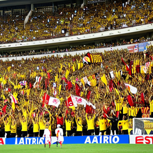 Home 18 **
A vibrant, packed Estadio Monumental during a Universitario de Deportes vs. Alianza Lima "Clásico" match. Focus on the sea of yellow and red (Universitario's colors) in the stands, with fans chanting, waving flags, and the overall electric atmosphere. Include the stadium's vast size and architectural details. Capture the intensity and passion of the game.
**