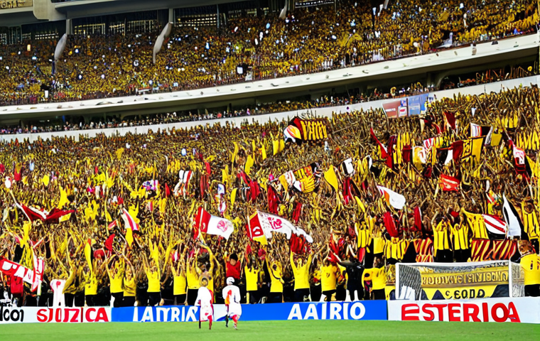 **
A vibrant, packed Estadio Monumental during a Universitario de Deportes vs. Alianza Lima "Clásico" match. Focus on the sea of yellow and red (Universitario's colors) in the stands, with fans chanting, waving flags, and the overall electric atmosphere. Include the stadium's vast size and architectural details. Capture the intensity and passion of the game.
**