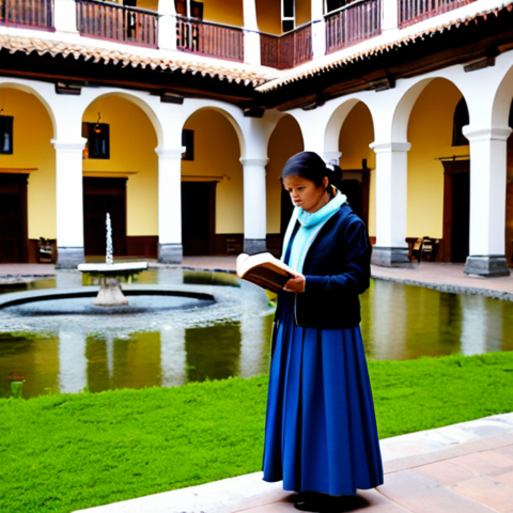 Boutique Hotel in Cusco's Historic Center**

"A warmly lit, inviting interior of Palacio Nazarenas in Cusco, Peru. Focus on a well-dressed woman in a modest, stylish travel outfit, possibly reading a book in the courtyard near a fountain. The architecture should showcase colonial details.  Safe for work, appropriate content, fully clothed, professional photography, perfect anatomy, correct proportions, natural pose, high quality, modest attire."

**
