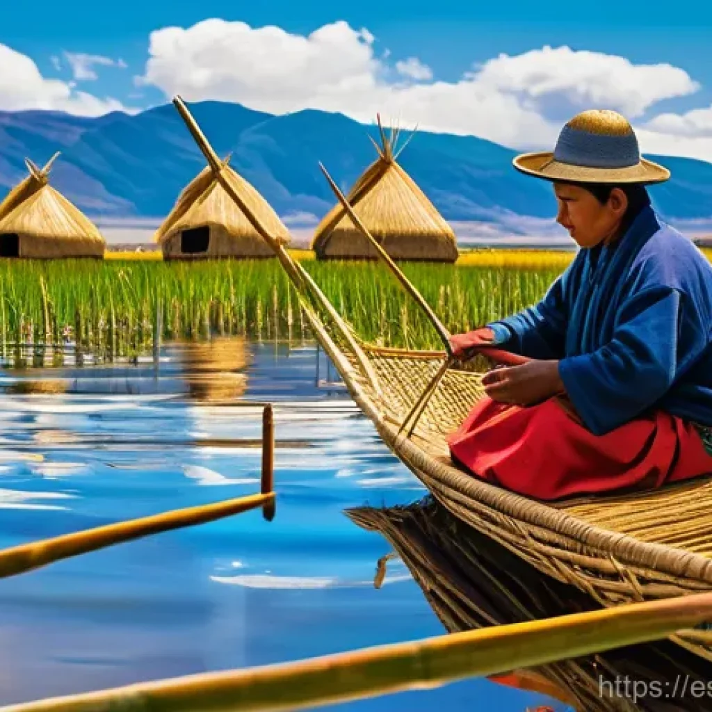 페루에서 가장 큰 호수 - **Prompt 1: Uros Floating Reed Islands Life**
    "A vibrant scene depicting daily life on the Uros ...