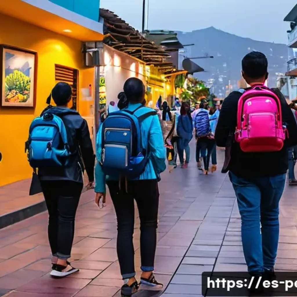 페루에서 안전한 숙소 찾는 법 - A vibrant street scene in Miraflores, Lima, at dusk showcasing well-lit pedestrian walkways, tourist...