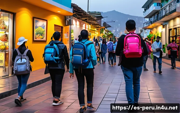페루에서 안전한 숙소 찾는 법 - A vibrant street scene in Miraflores, Lima, at dusk showcasing well-lit pedestrian walkways, tourist...