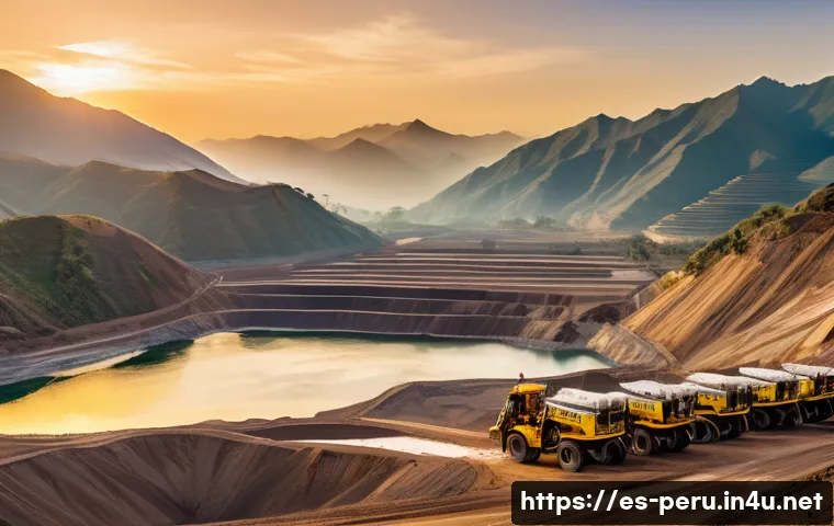 페루의 주요 산업 및 경제 동향 - A modern Peruvian mining site at sunrise featuring autonomous mining trucks and drones flying overhe...