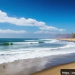 페루에서 해양 스포츠 체험 - A vibrant beach scene at Máncora, Peru, showcasing surfers of various skill levels riding long, smoo...