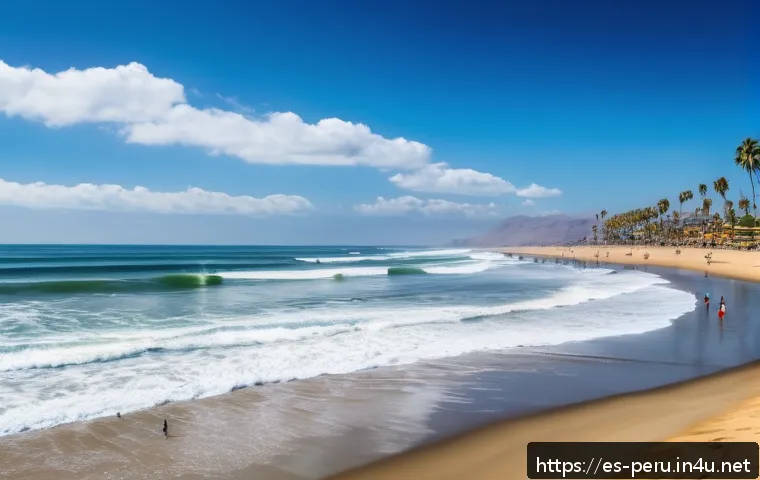 페루에서 해양 스포츠 체험 - A vibrant beach scene at Máncora, Peru, showcasing surfers of various skill levels riding long, smoo...