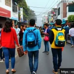 페루에서 피해야 할 장소 - A bustling urban street scene in Lima’s Miraflores district during daytime, showing diverse tourists...