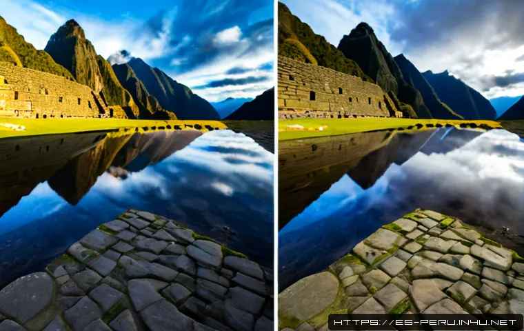 페루와 볼리비아 여행 비교 - Photorealistic travel comparison scene, clean diptych composition without borders or text: left side...